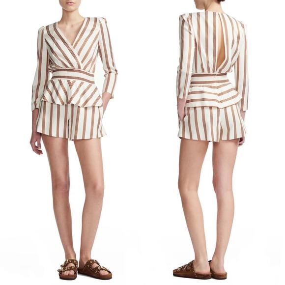Maje Ieni Romper Size Medium Cream Bronze Striped Peplum One Piece Long Sleeve - Picture 1 of 16